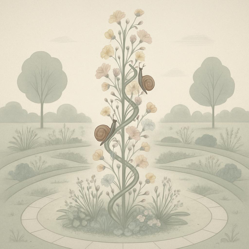 Es handelt sich um ein Bild eines Gartens mit viel Gemüse und einigen Schnecken in demselben.